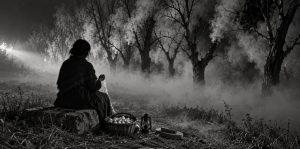 Aire prendido — Herencia, cenizas y silencio: la linde con los árboles humeando y la mujer trenzando junto a la piedra