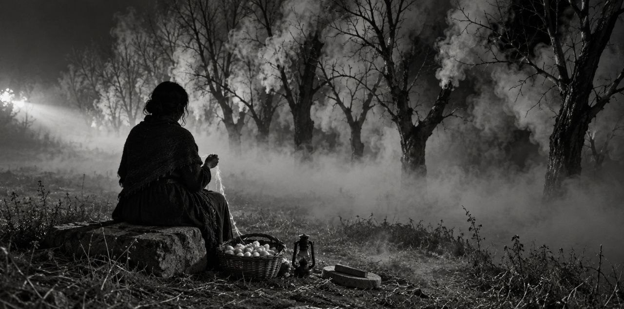 Aire prendido — Herencia, cenizas y silencio: la linde con los árboles humeando y la mujer trenzando junto a la piedra
