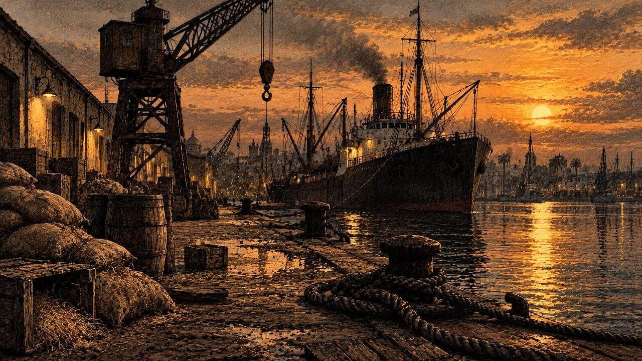 Puerto al atardecer: sacos y bidones en el muelle, cuerdas, una grúa de hierro y un vapor humeando junto al agua