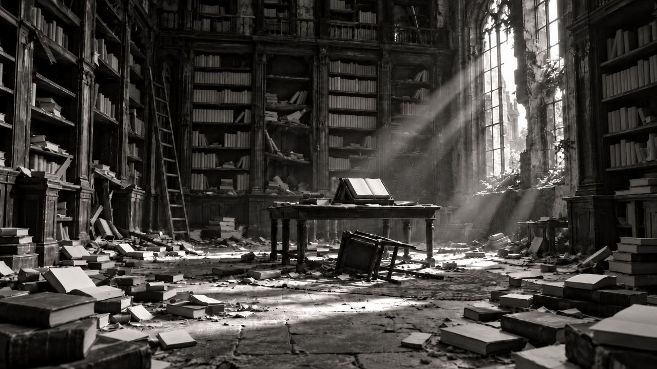Biblioteca en ruinas con un haz de luz