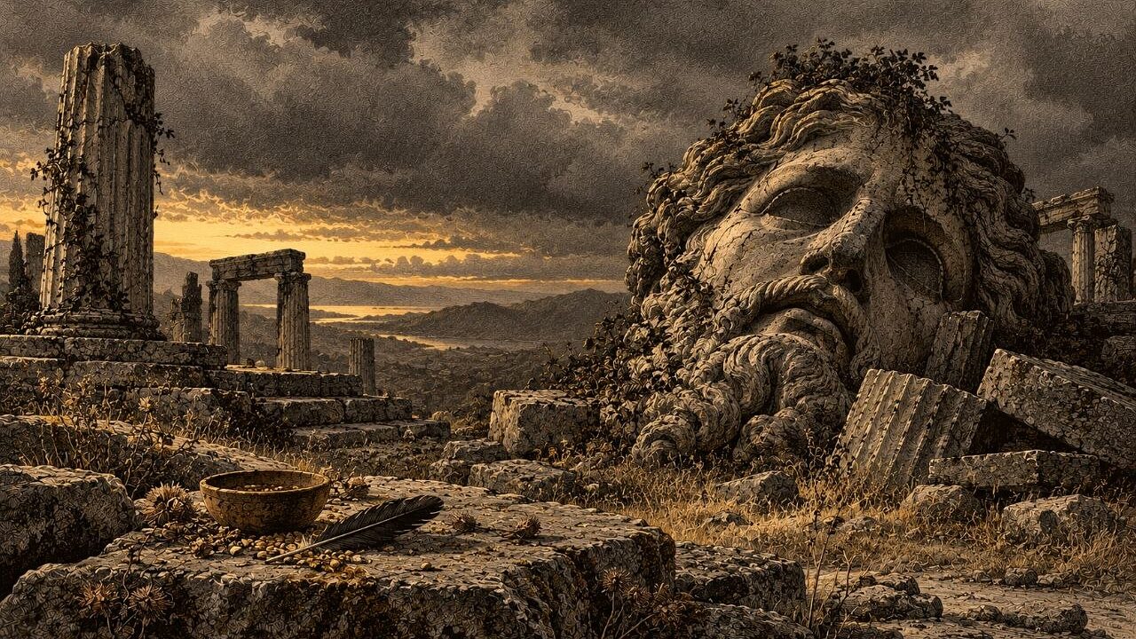 Cabeza colosal de piedra de un dios antiguo, medio enterrada entre ruinas; a la izquierda una columna rota y en primer plano una ofrenda de cuenco y pluma