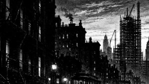 Cuento del hombre que esperaba el tranvía — La ciudad grande, ilustración de la colección Clásicos