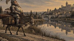Paseo de una ciudad francesa de principios del siglo XX, en tono azulado