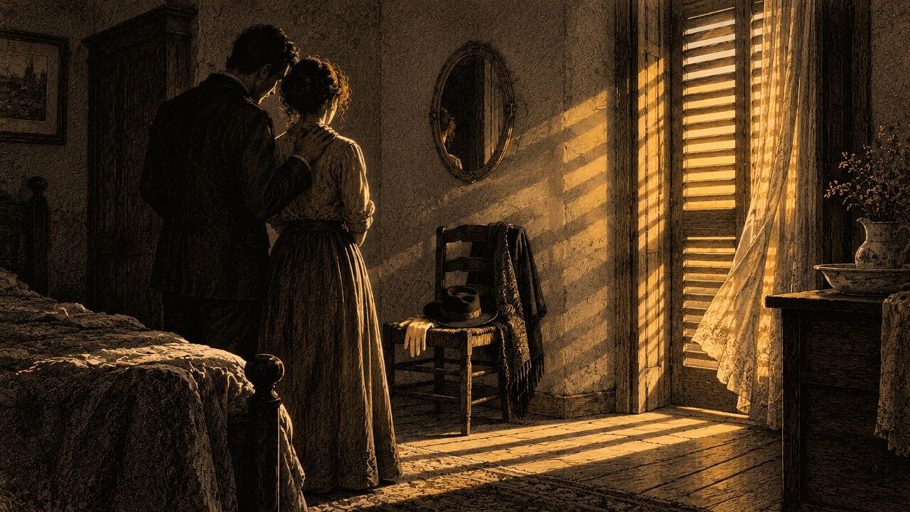 Un hombre y una mujer de espaldas en una habitación en penumbra; él tiene la mano en el hombro de ella y por las rendijas de la contraventana entra la luz en franjas