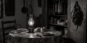 Del que no humea — Herencia, cenizas y silencio: la careta de cuero colgada y la mesa puesta bajo la lámpara