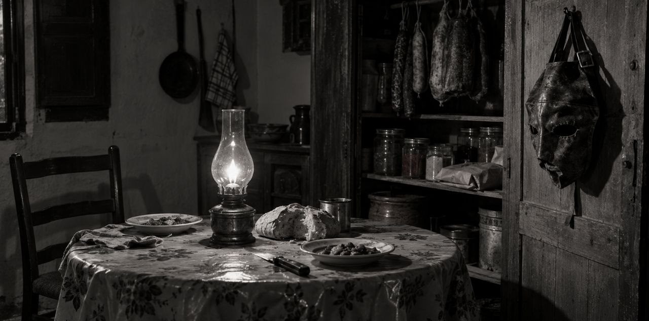 Del que no humea — Herencia, cenizas y silencio: la careta de cuero colgada y la mesa puesta bajo la lámpara