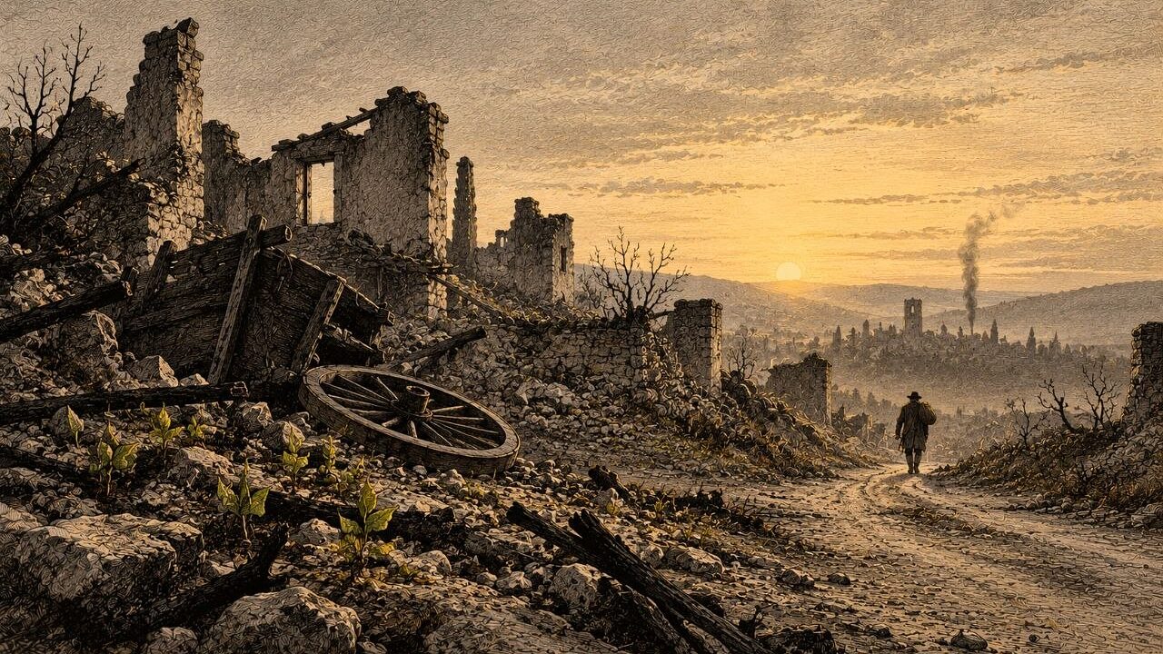 Pueblo en ruinas al amanecer: una figura diminuta camina por el camino con un bulto al hombro, una columna de humo a lo lejos y brotes verdes entre los escombros