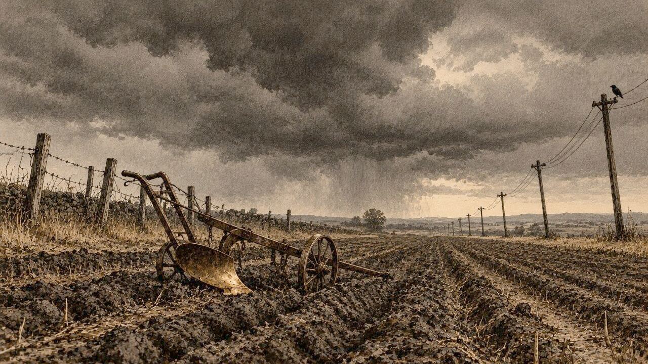 Campo de labor bajo un cielo de tormenta con un arado abandonado en el surco y, a lo lejos, una fila de postes de telégrafo torcidos