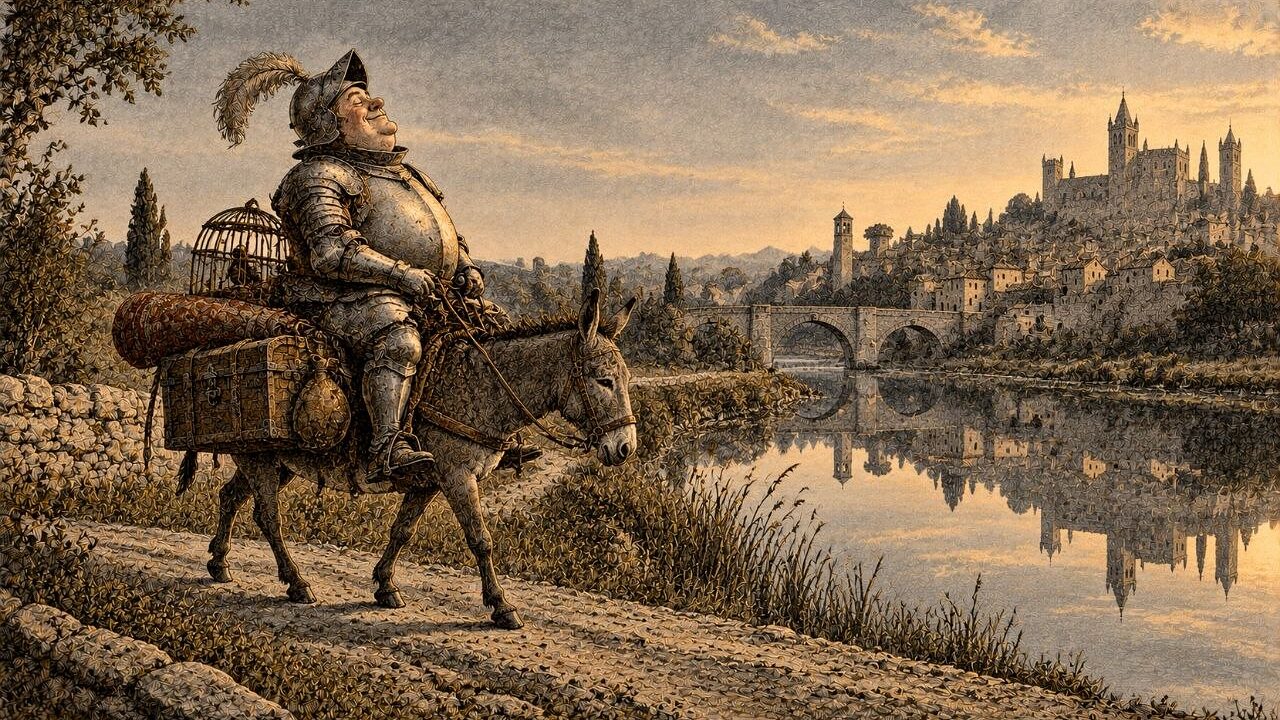 Caballero gordo con armadura montado en un burro cargado con baúl, alfombra y jaula; al fondo un puente de piedra y el pueblo reflejado del revés en el agua