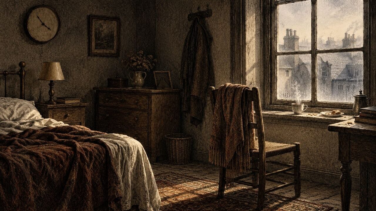 Habitación pequeña con una silla de espaldas a la ventana y un mantón sobre el respaldo; una taza humeante en el alféizar y la cama sin hacer