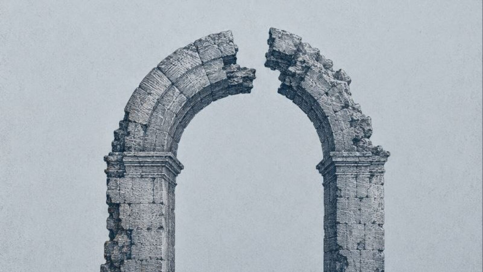 Herencia, cenizas y silencio — arco de piedra roto sobre un paisaje desolado