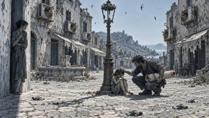 Ilustración en blanco y negro de una calle en ruinas: un hombre agachado junto a una niña sentada contra una farola oxidada, con un lienzo enrollado bajo el brazo, y una mujer que los observa desde un portal.