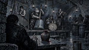 Ilustración en blanco y negro de una taberna subterránea abovedada: cuatro músicos harapientos tocan sobre un tablado con un bidón, una escalera de tubos, un cornetín y unas latas, ante un público sentado en barriles.