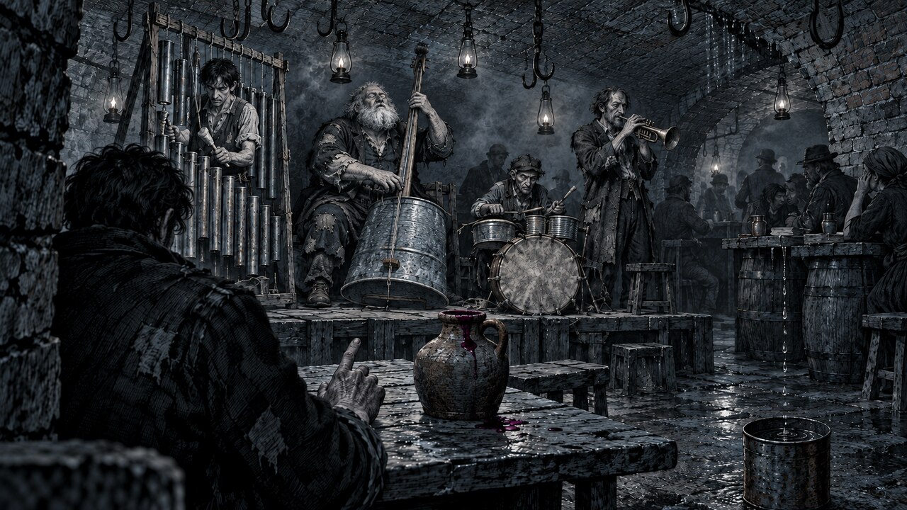 Ilustración en blanco y negro de una taberna subterránea abovedada: cuatro músicos harapientos tocan sobre un tablado con un bidón, una escalera de tubos, un cornetín y unas latas, ante un público sentado en barriles.