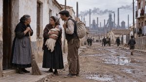 Una pareja joven con un hatillo y un bebé pregunta a una mujer que barre una acera; al fondo, chimeneas de una fábrica.