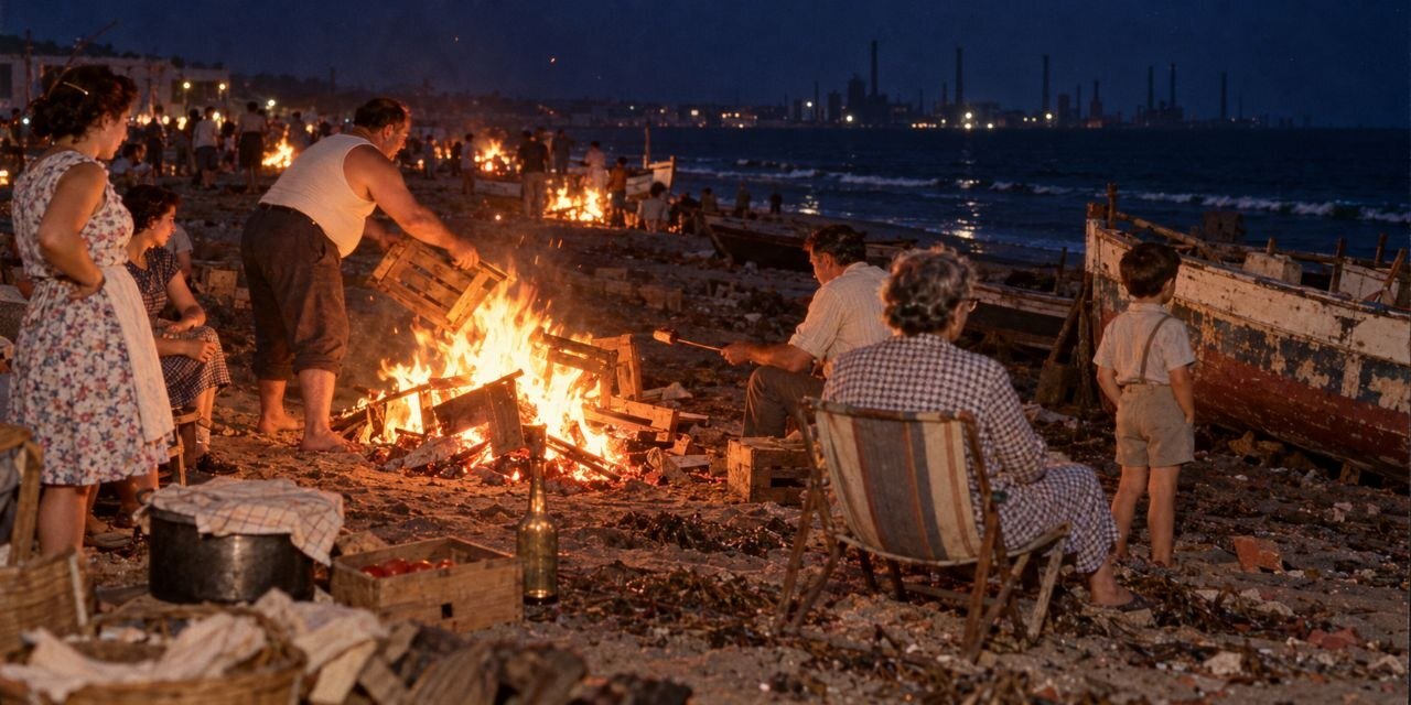 Vecinos de un bloque obrero alrededor de una hoguera de cajas de pescado en la playa; al fondo, chimeneas de una fábrica.
