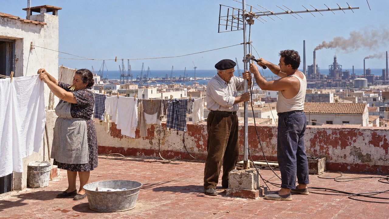 Un hombre mayor con boina sujeta el mástil de una antena en un terrado mientras otro aprieta tuercas; al fondo, chimeneas.