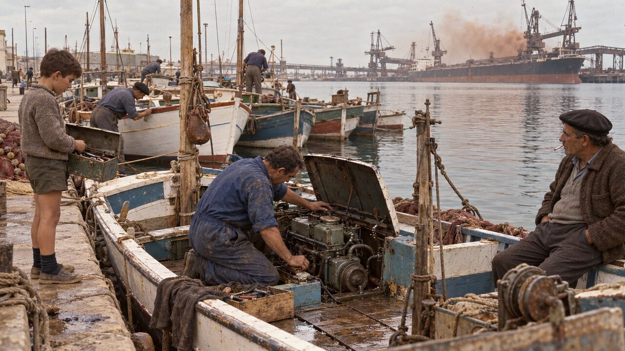 Un mecánico arrodillado repara el motor de una barca de pesca mientras un niño le sujeta la caja de herramientas; al fondo, el puerto industrial.