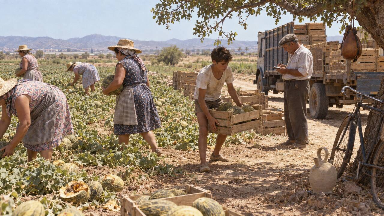 Un joven carga una caja de melones en el melonar mientras dos mujeres los cortan; al fondo, un camión y una bicicleta apoyada en un algarrobo.