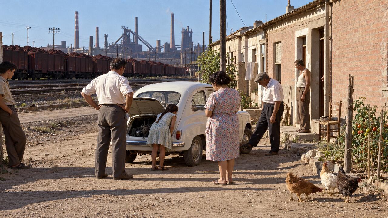 Una familia alrededor de un seiscientos blanco con el capó del motor abierto, junto a la vía del tren del mineral; al fondo, la fábrica con sus chimeneas.