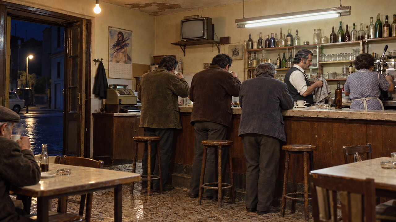 Interior de un bar de barrio: un camarero seca la barra, una mujer maneja la cafetera y tres hombres de espaldas toman el café; en la pared, un calendario y una televisión vieja.