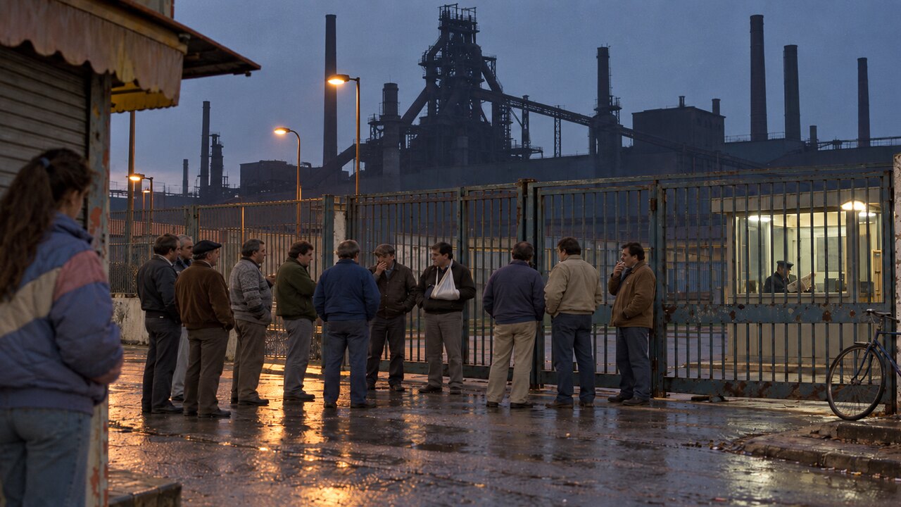 Una joven de espaldas contempla el grupo de trabajadores ante la verja de la fábrica parada, con la caseta del vigilante iluminada al fondo.