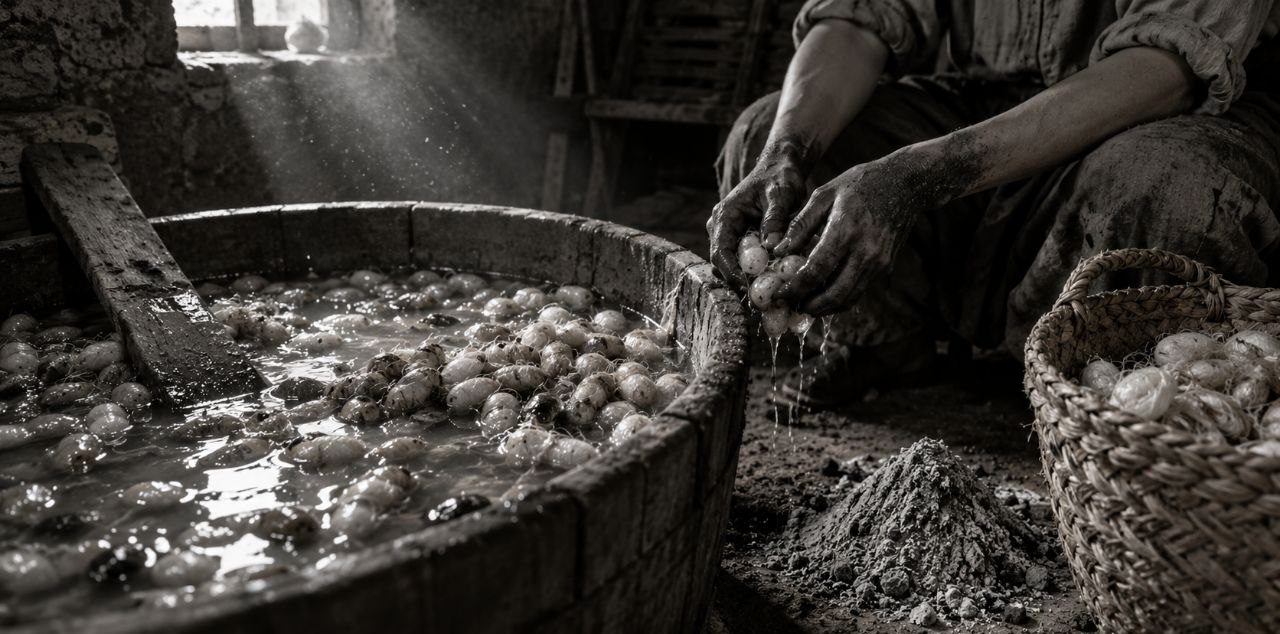 La cría — Herencia, cenizas y silencio: la pila de agua con los capullos y las manos negras de ceniza