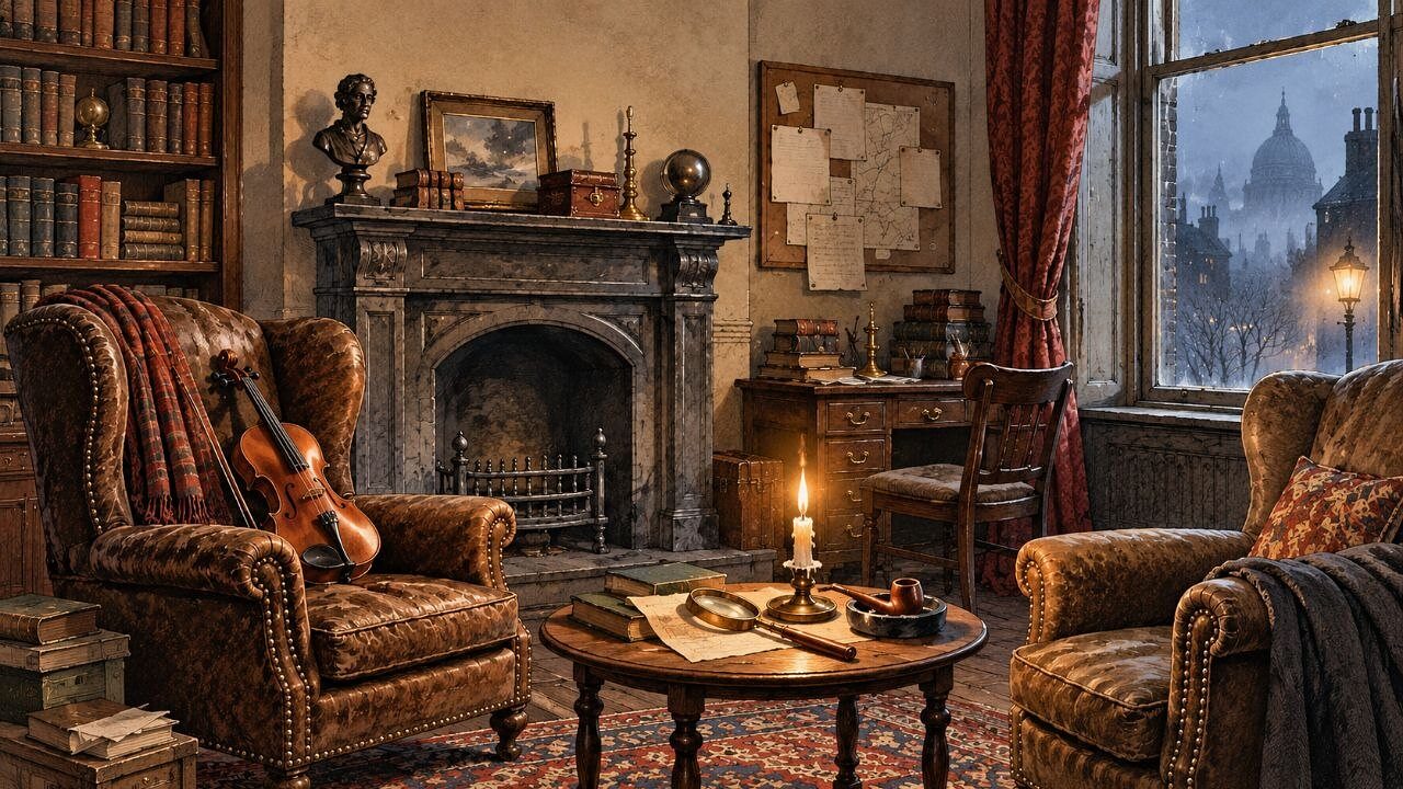 Salón de Baker Street de noche: sillón de cuero, violín encima, lupa y pipa sobre la mesa, chimenea apagada y niebla en la ventana
