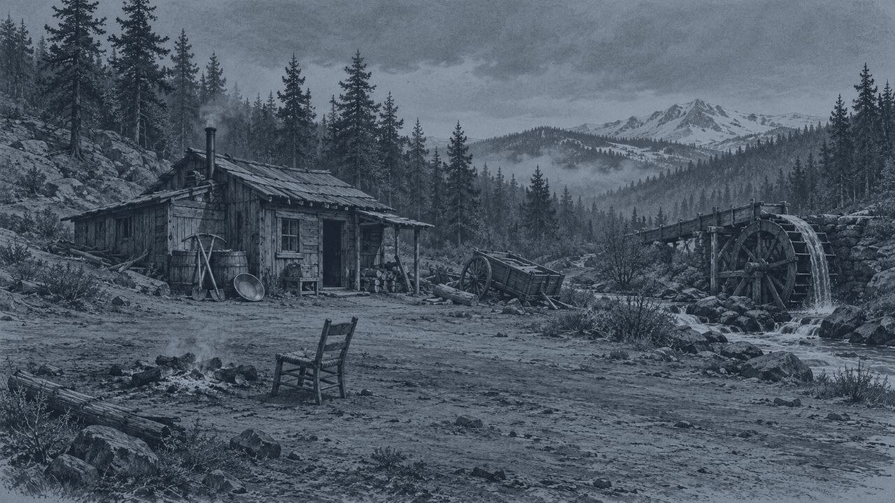Campamento minero de California al amanecer: cabaña de tablas, noria de madera junto al arroyo y un carro volcado; al fondo pinos y una montaña con nieve