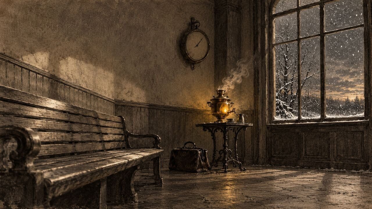 Sala de espera de una estación de provincias en invierno: un samovar humeante, un banco vacío, un maletín en el suelo y nieve tras el cristal
