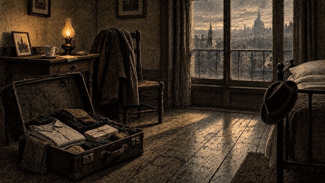 Habitación alquilada de madrugada: maleta abierta en el suelo, abrigo sobre la silla y una ventana con lluvia que enseña tejados y cúpulas de una ciudad extranjera