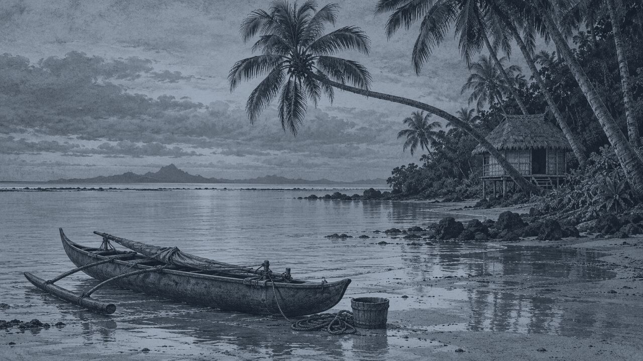 Laguna del Pacífico al amanecer: una canoa varada en la arena, palmeras inclinadas y una cabaña de paja; el agua quieta hasta el arrecife