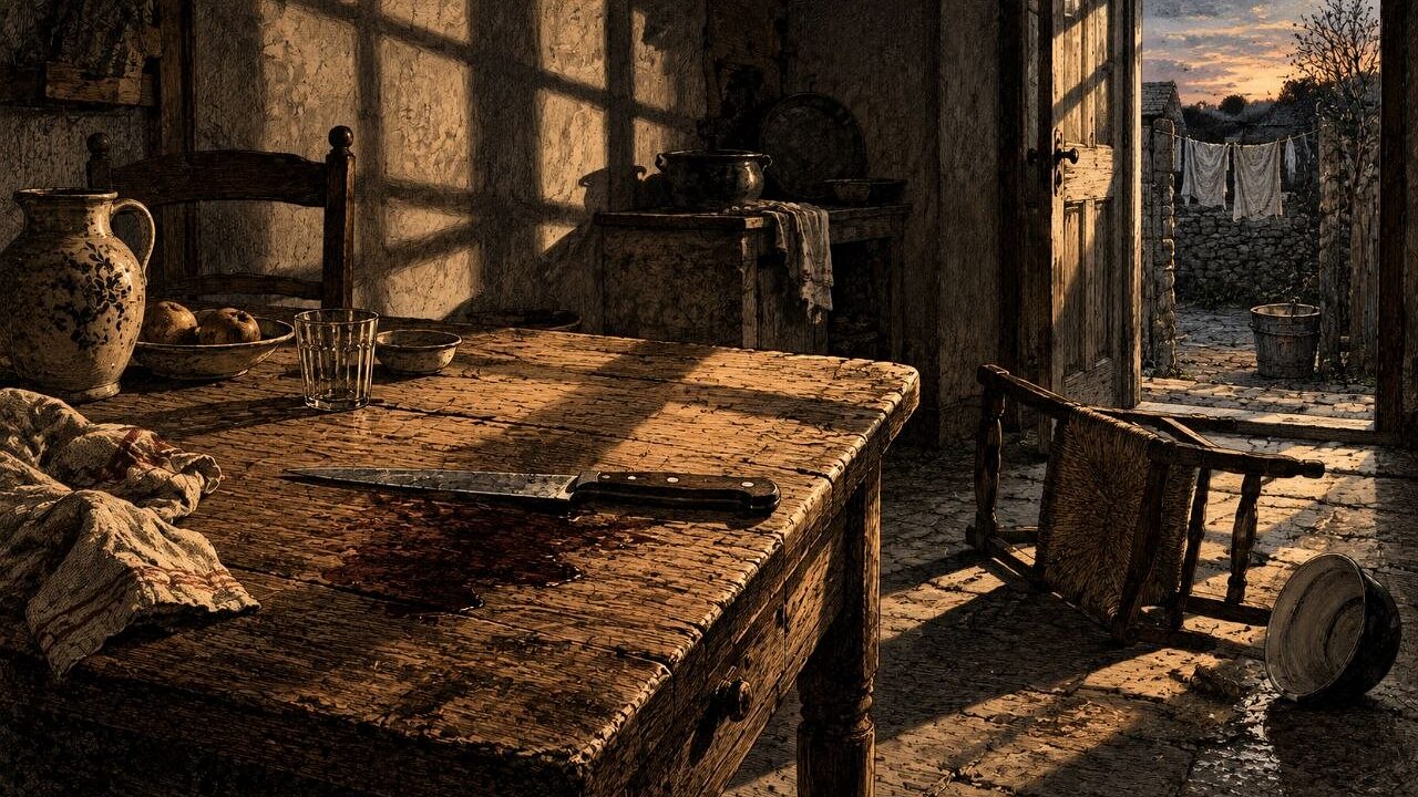 Cocina pobre: un cuchillo de cocina sobre la mesa junto a una mancha oscura, una silla caída y la sombra de la ventana en cuadrícula sobre la pared
