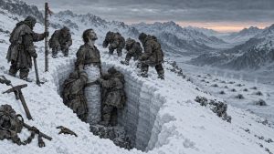 Ilustración: un grupo de figuras con pieles entierra de pie a un hombre en una zanja de nieve, ante un valle de techos humeantes