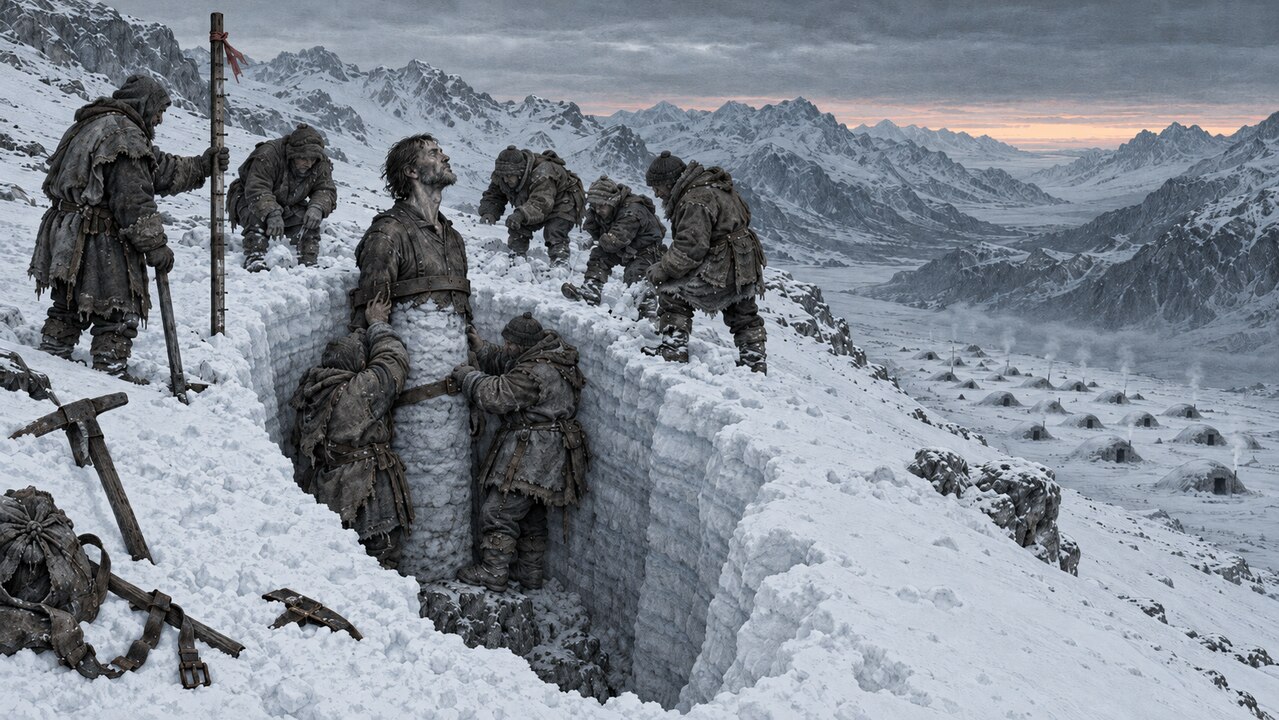 Ilustración: un grupo de figuras con pieles entierra de pie a un hombre en una zanja de nieve, ante un valle de techos humeantes