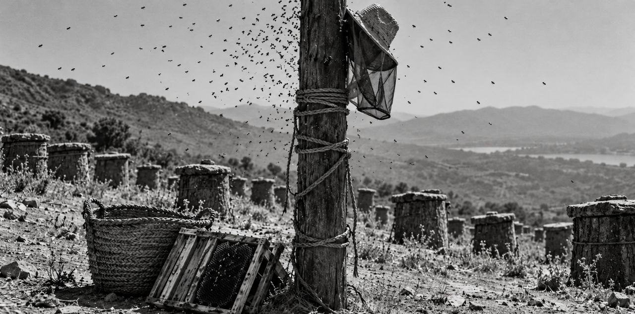 Miel vieja — Herencia, cenizas y silencio: el poste del colmenar con las cuerdas y la nube de abejas