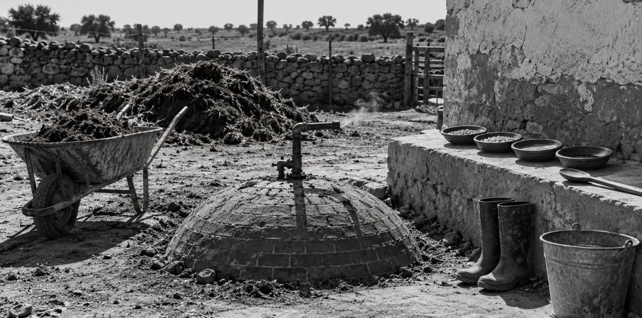 Mitad y mitad — Herencia, cenizas y silencio: la cúpula del digestor en el corral y los cuatro platos en fila
