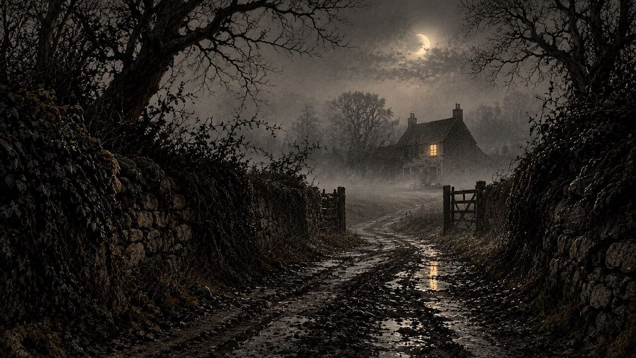 Camino de tierra de noche entre setos y árboles sin hojas, con niebla, una cancela abierta y al fondo una casa de piedra con una sola ventana encendida