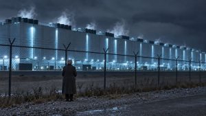 Una figura solitaria observa de noche un enorme centro de datos iluminado, con torres y columnas de vapor