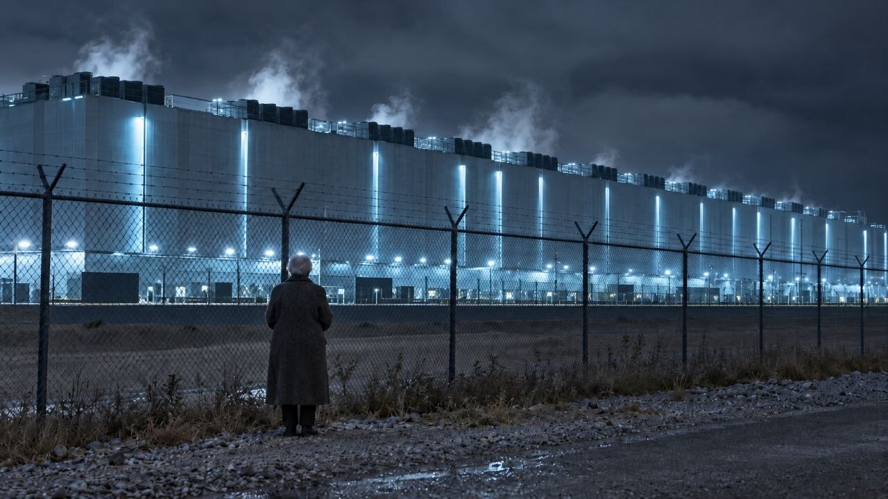 Una figura solitaria observa de noche un enorme centro de datos iluminado, con torres y columnas de vapor