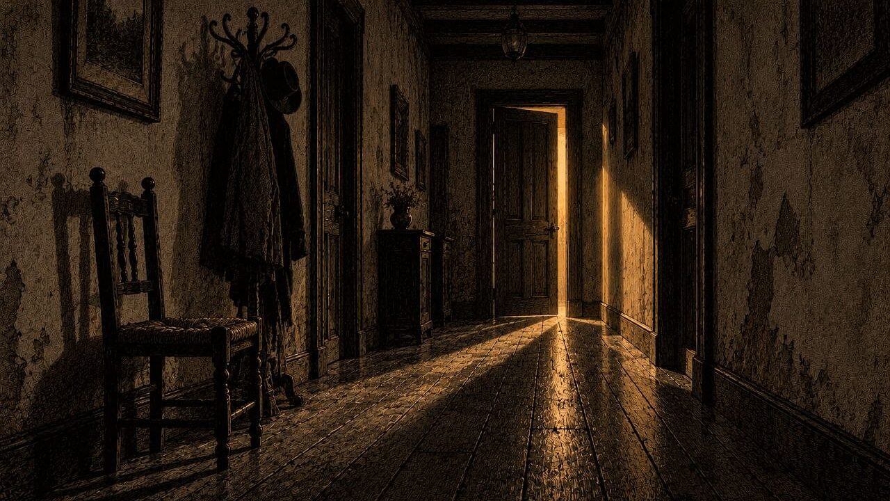 Pasillo de una casa vieja de noche: sillas y perchero en penumbra y al fondo una puerta entornada por la que sale una cuña de luz cálida