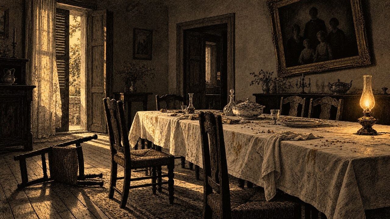 Comedor de una casa vieja: mesa larga con mantel manchado, sillas vacías, una volcada y un retrato de familia torcido en la pared