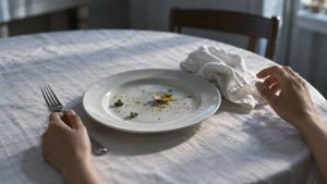 Dos manos sobre un mantel blanco al final de una cena, una de ellas separándose del plato