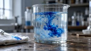 Una gota de tinta azul difundiéndose en un vaso de agua sobre una mesa de laboratorio