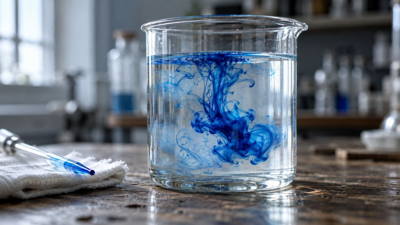 Una gota de tinta azul difundiéndose en un vaso de agua sobre una mesa de laboratorio