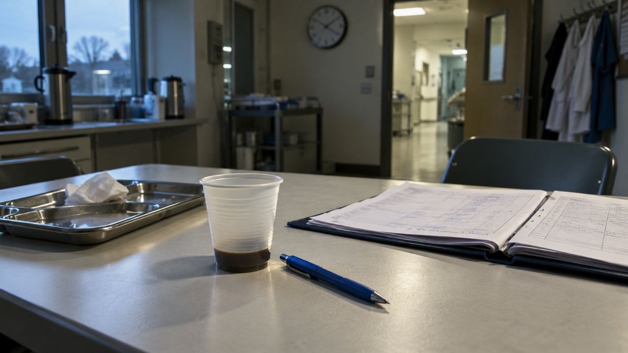 Un vaso de plástico con café frío y un bolígrafo sobre la mesa de un office de hospital al final del turno