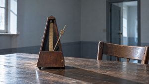 Un metrónomo de madera detenido sobre una mesa oscura, junto a una silla vacía