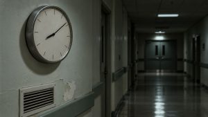 Reloj de pared sin números en un pasillo de hospital vacío, de noche