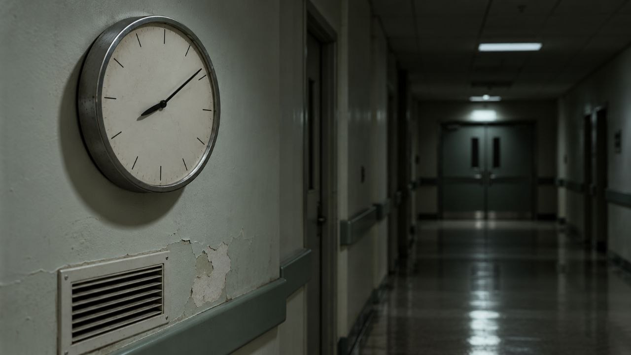 Reloj de pared sin números en un pasillo de hospital vacío, de noche