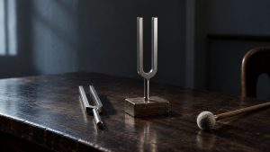 Dos diapasones de acero y una baqueta de fieltro sobre una mesa de madera oscura